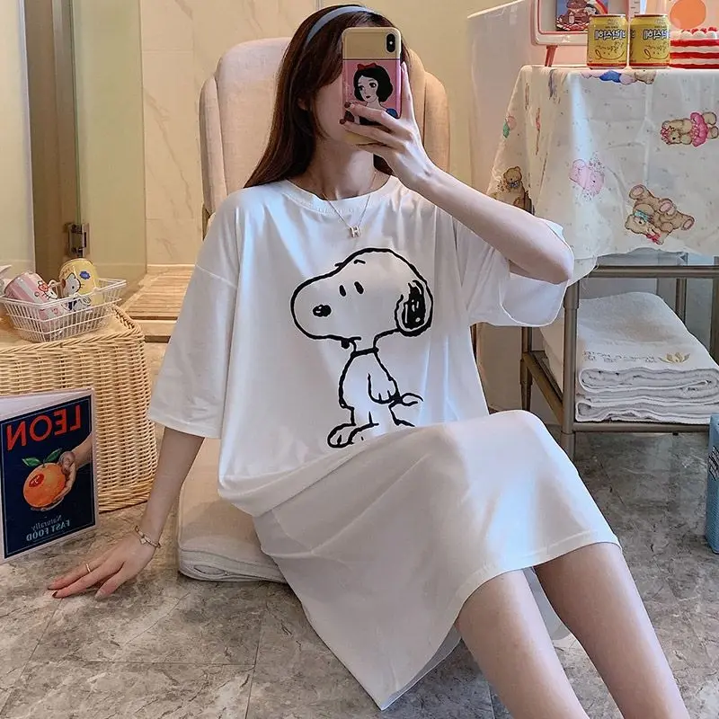 

Милая Пижама Snoopy, Женская юбка из чистого хлопка с коротким рукавом, женская уличная Пижама средней длины большого размера, подарок на день рождения