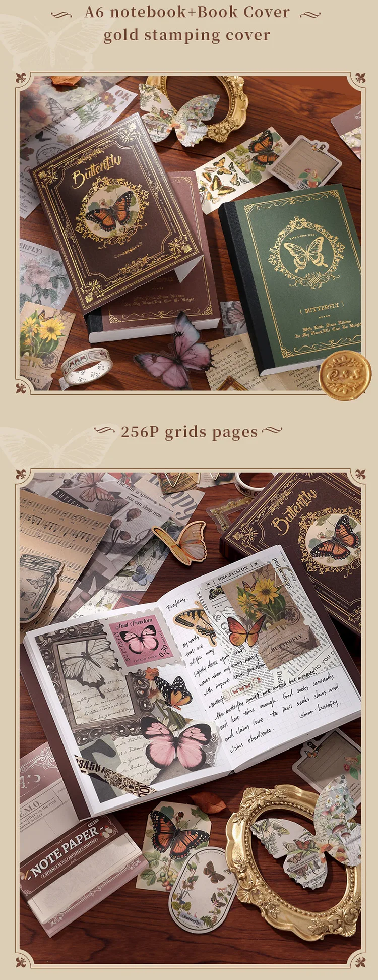 140-teiliges Geschenkset mit Vintage-Schmetterlingsmotiv, Collage-Aufkleber, Scrapbooking-Material, handgefertigtes Tagebuch, Album, Junk Journal Supplies – Detail 4