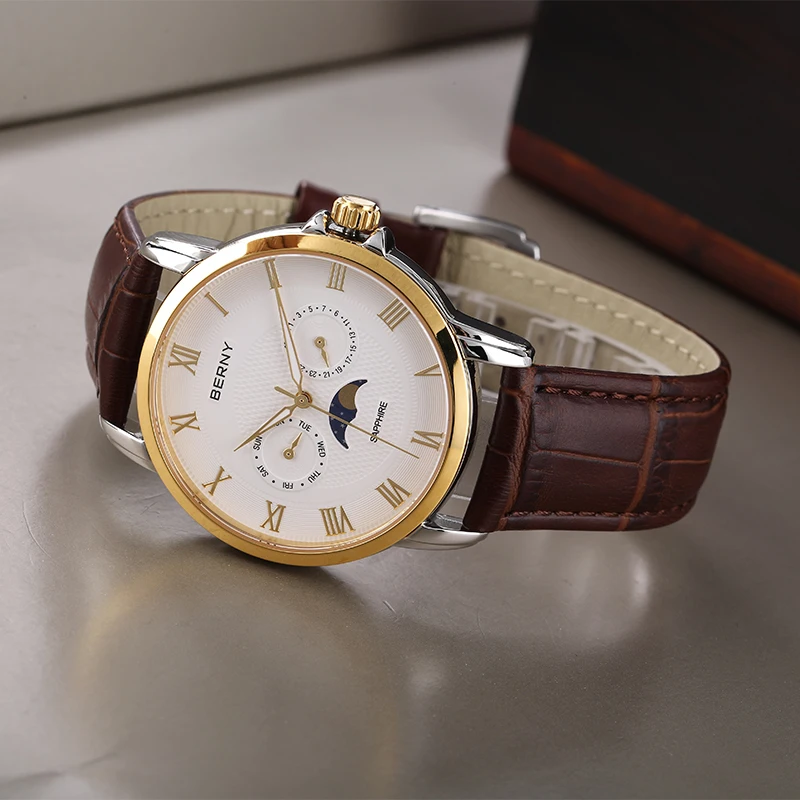 BERNY Orologio Da Polso Uomo Al Quarzo Con Fase Lunare, Movimento Giapponese Miyota, Cinturino In Vera Pelle Sgancio Rapido, Vetro Zaffiro, 3 ATM