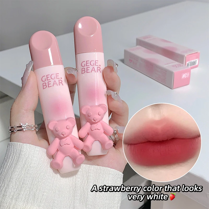 Cute Little Bear Lip Glaze Mist Face Matte Velvet Lipstick Holding Makeup Whitening Lip Cream Coloring Lip Color