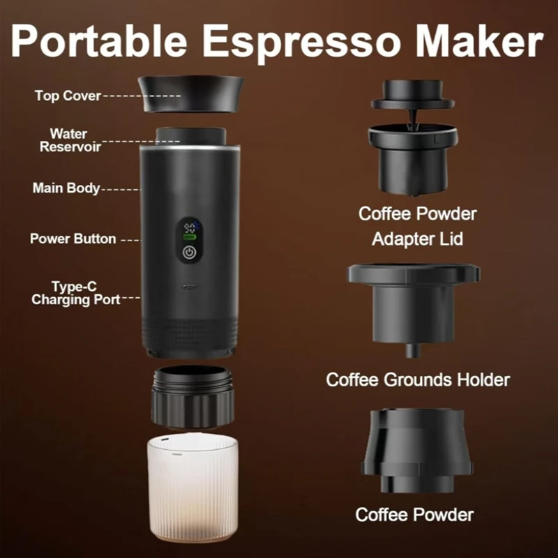 Portable Electric Espresso Machine Travel Coffee Maker Compatible with Ground Coffee and Nespresso Capsules with LCD Screen