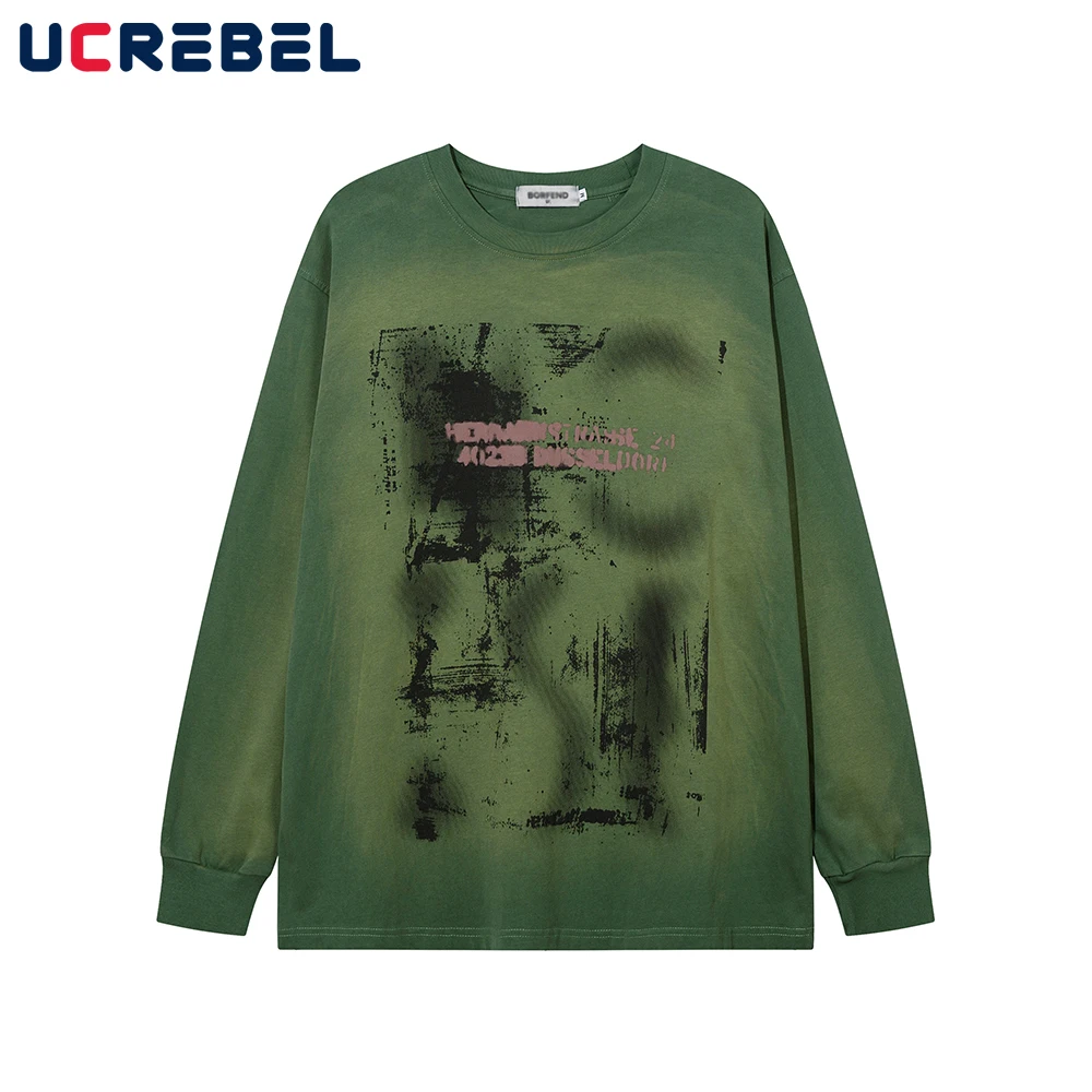 

Washed Splash Ink Long Sleeve T-shirt Mens Autumn Loose Crew Neck Streetwear Print Cotton Tee Men Clothes