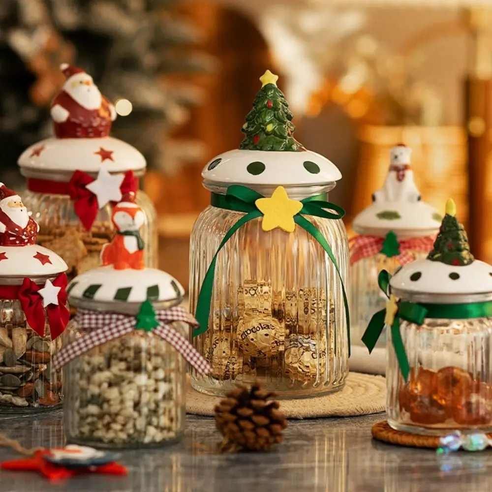 

Стеклянная банка для хранения, портативная зеленая Рождественская елка, коробка для шоколада, печенья, красный с крышкой, емкость для конфет с Санта-Клаусом, Рождество