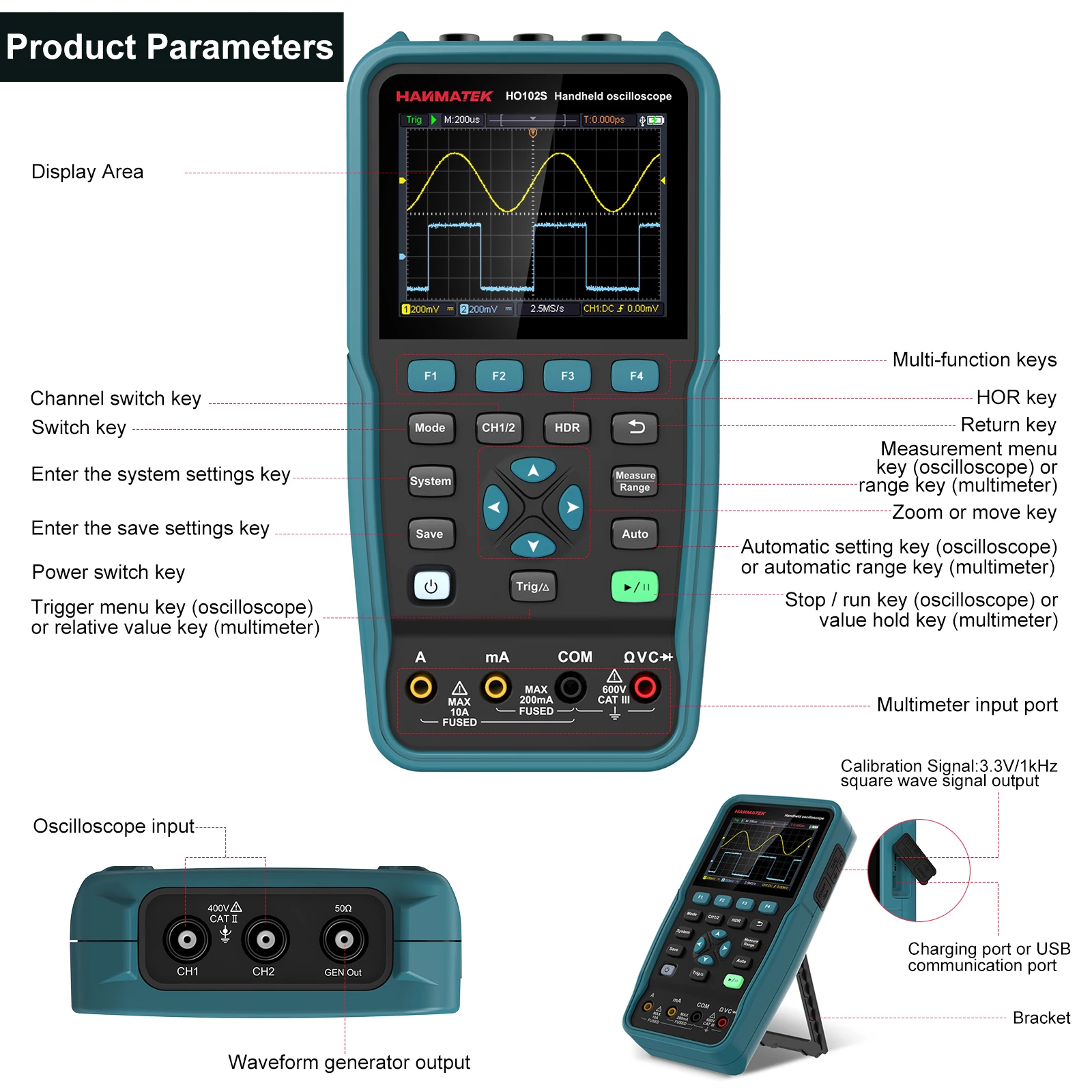 Hanmatek Digital Oscilloscope Multimeter Signal Generator Source 3 in 1 Multifunction 2 Channel Electronic Component Tester