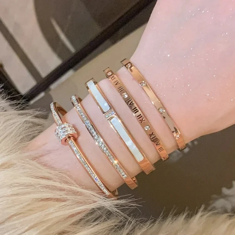 Titanium Steel Rose Gold Color Bangles for Women Girls Trend Waterproof Jewelry Luxury Sparkling Zircon Bracelet Bangle 4