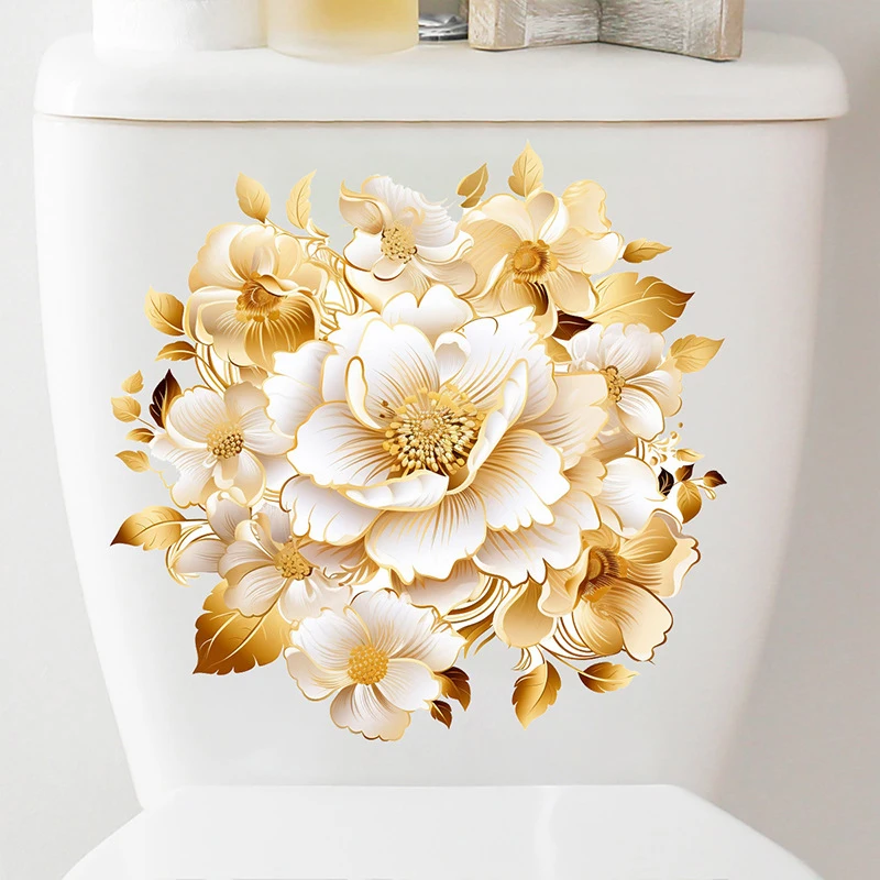 Bathroom Toilet Stickers Modern Minimalist Golden Flowers Pattern Self-adhesive Paintings For Bathroom Living Decorations