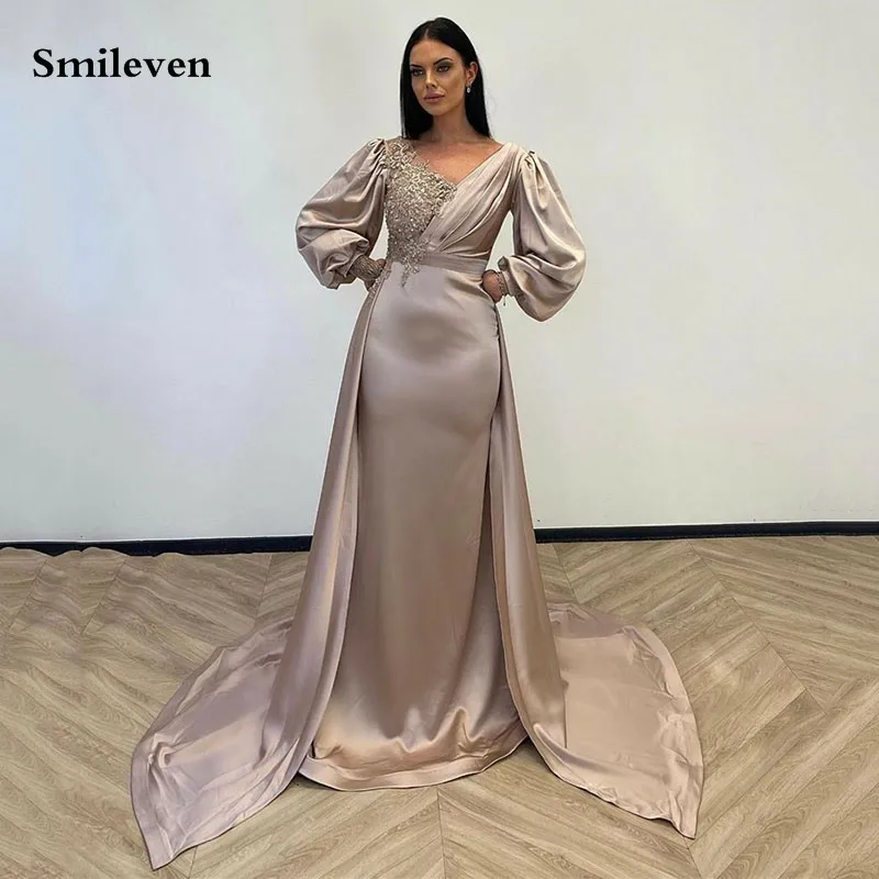 

Smileven Saudi Arabic Satin Mermaid Evening Dresses Long Puff Sleeve Beading Prom Dress With Train V Neck Formal Occasion Dress