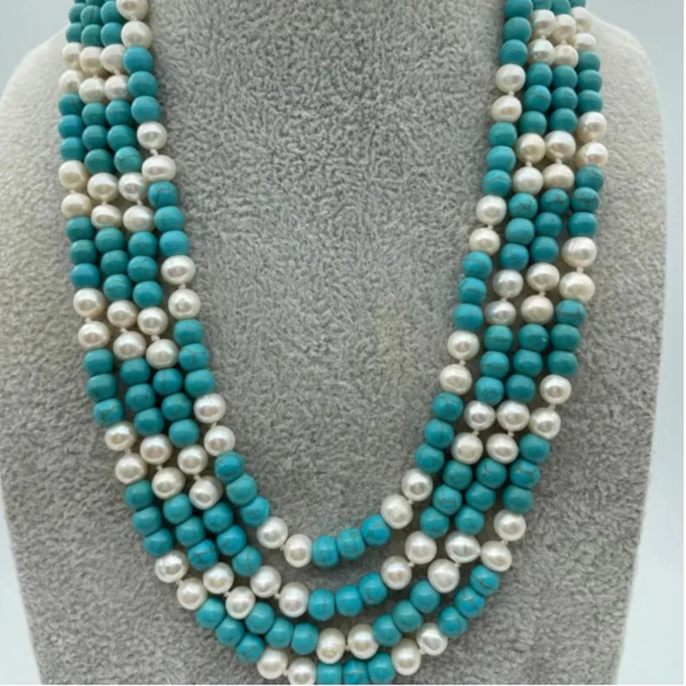 Hand knotted necklace natural 7-8mm 4 strands white freshwater pearl and turquoise necklace 18-21inch