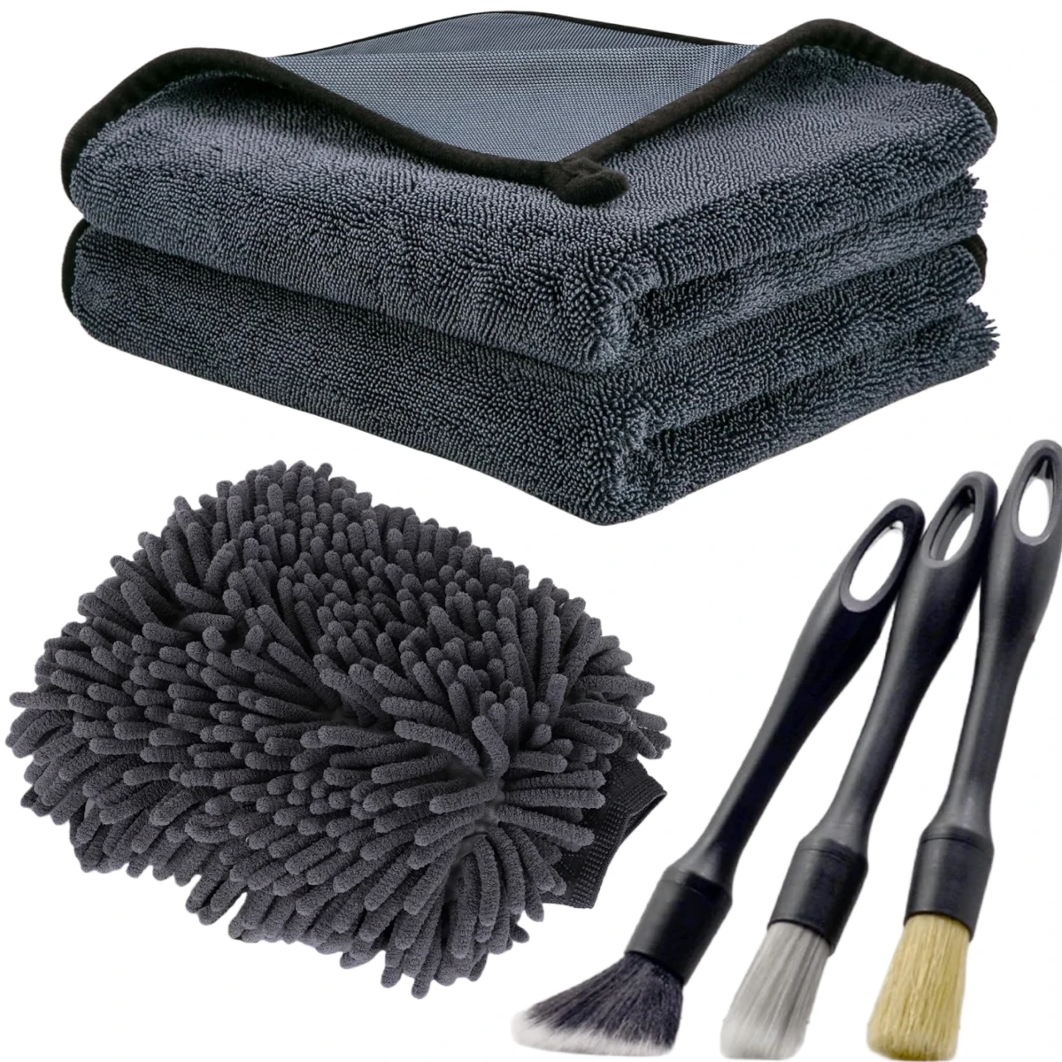 Kit per la pulizia dell'auto con guanto per il lavaggio, spazzola per dettagli, asciugamano multifunzionale assorbente, kit completo per la pulizia delle auto