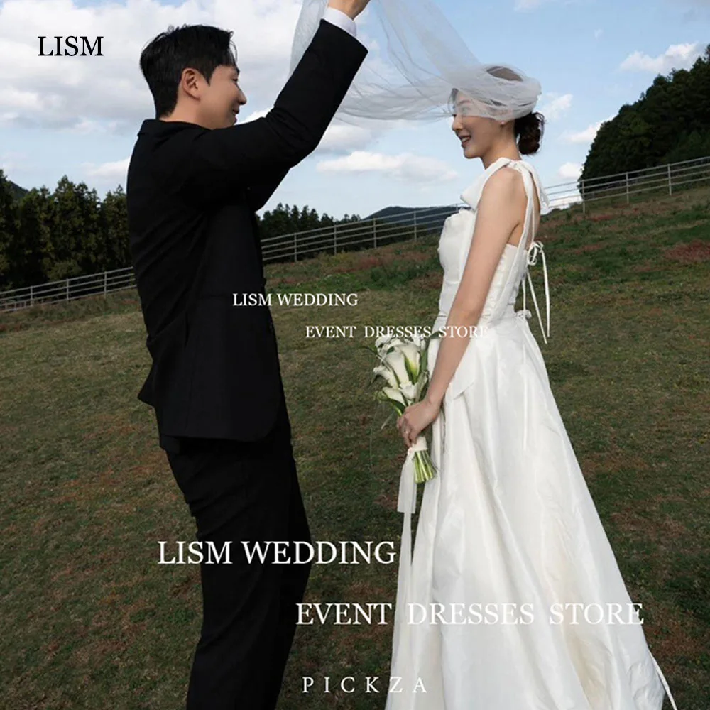 

LISM Simple Bow Spaghetti Strap Wedding Dress Korean Women Photoshoot Floor Length Vestidos De Novia Lace Up Formal Bride Dress
