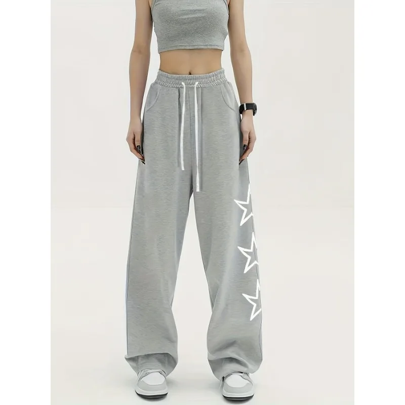 QWEEK Star Print Drawstring Straight Sweatpants Women Gray Casual Elastic High Waist Jogger Pants Korean Fashion Kpop Trousers