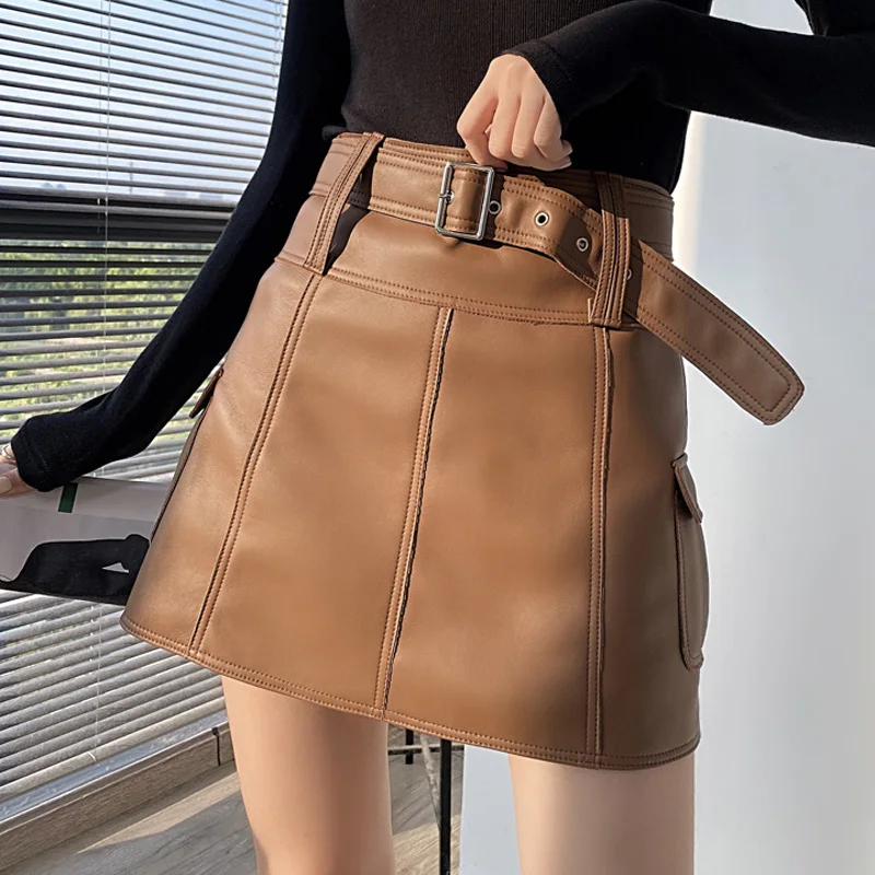 

Versatile Japanese Style A-Line Skirts Women Spring Genuine Leather Brown Mini Faldas Mujer Blet Chic White Skirt Culottes