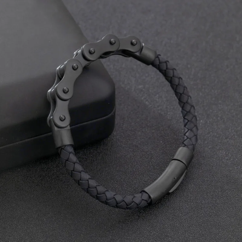 

Trendy Retro Bicycle Chain Leather Braided Bracelet Men's Domineering Jewelry Accessories Gift Wholesale