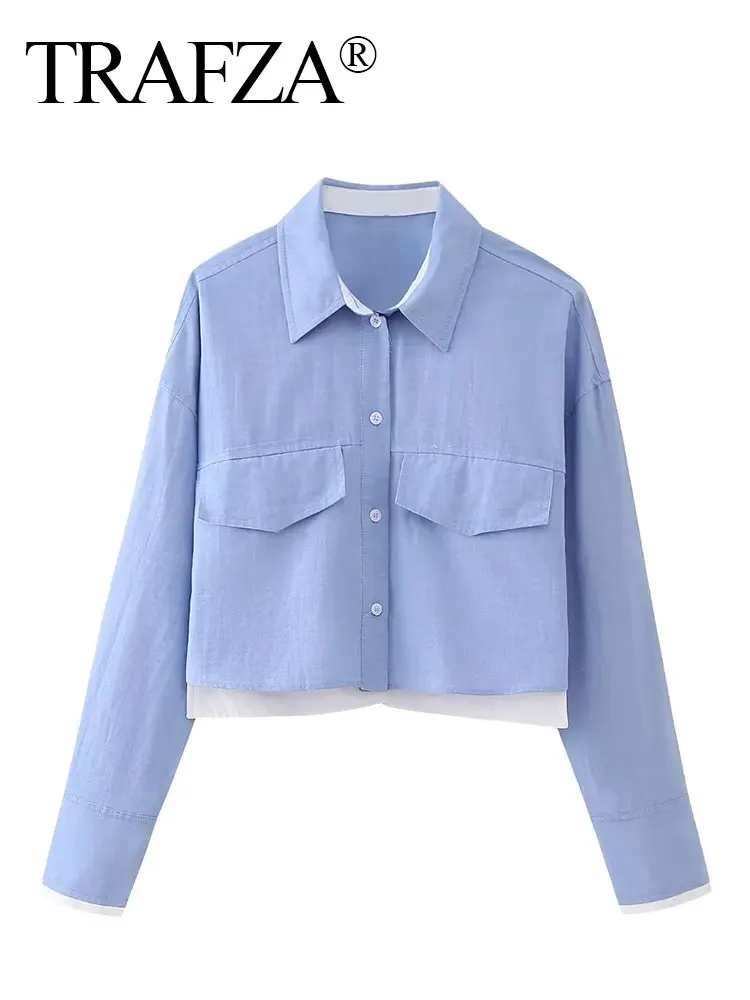 HH Women Elegant Solid Sweet Patchwork Blouse Single Breasted Long Sleeve Shirt 2024 New Fashion Female Chic Cropped Top