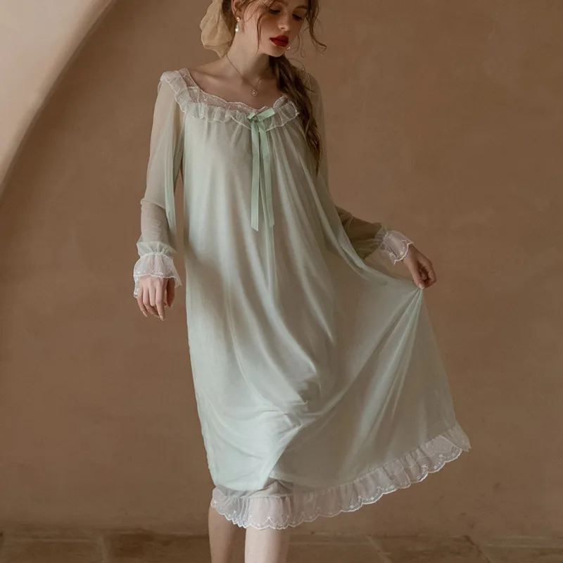 Lace Nightdress Women Mesh Long Sleeve Loose Nightgown Fairy Vintage Home Dressing Gown Night Sexy Sleepwear Nightwear Plus Size