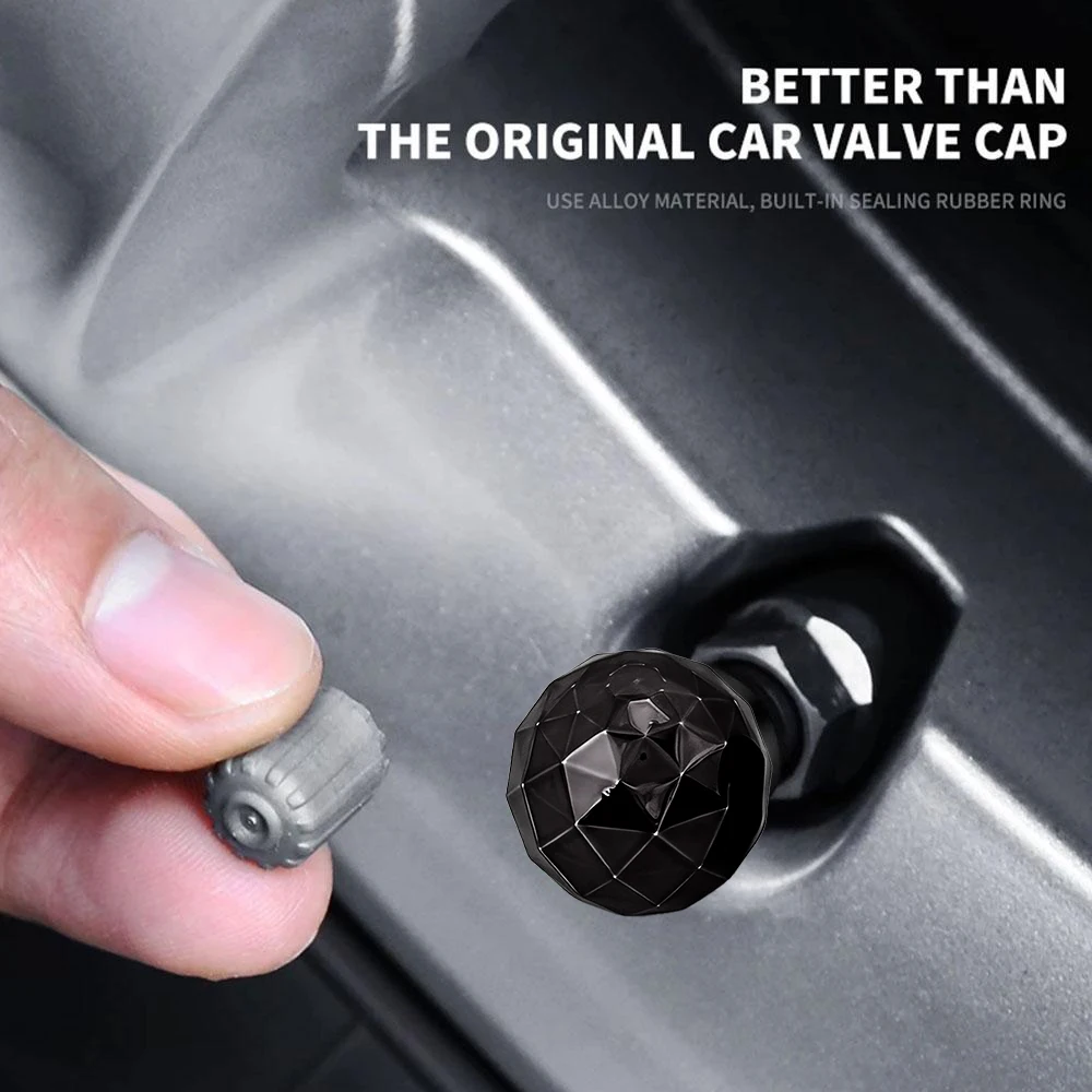 Diamond Ball Tire Valve Caps - Set of 4, Premium Black Dust Covers
