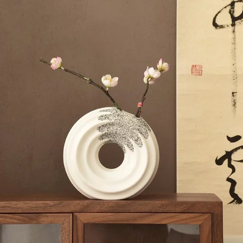 Nordic Retro Ceramic Vase Home Decoration Circular Flower Ware Creative Dry Insertion Living Room Bedroom, Table Decoration, 1PC