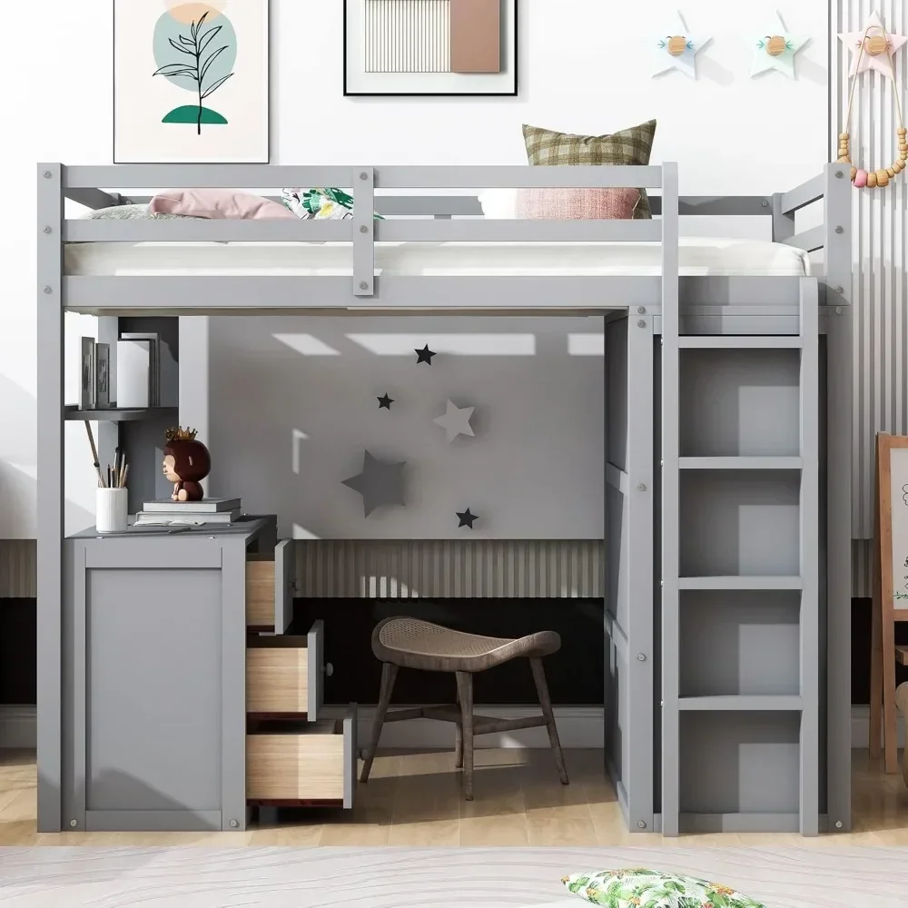 Twin Size Loft Bed Solid Wooden Loft Bed Frame with Drawers,Desk,and Wardrobe & Safety Guardrail for Kids, Boys and,GirlsTeens 3