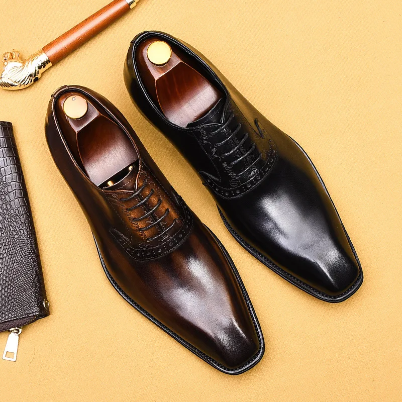 Luxury Brand Mens Formal Shoes Genuine Leather Handmade Vintage