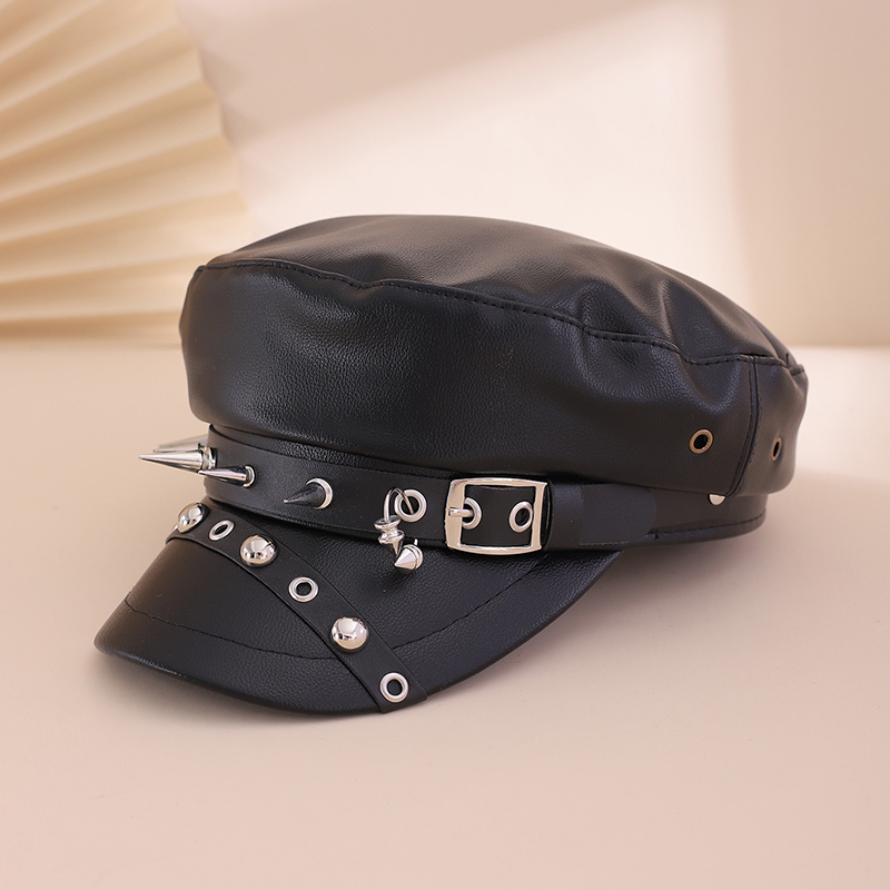 Black PU leather rivet belt buckle trendy Y2K flat-top newsboy cap for daily shopping and gatherings