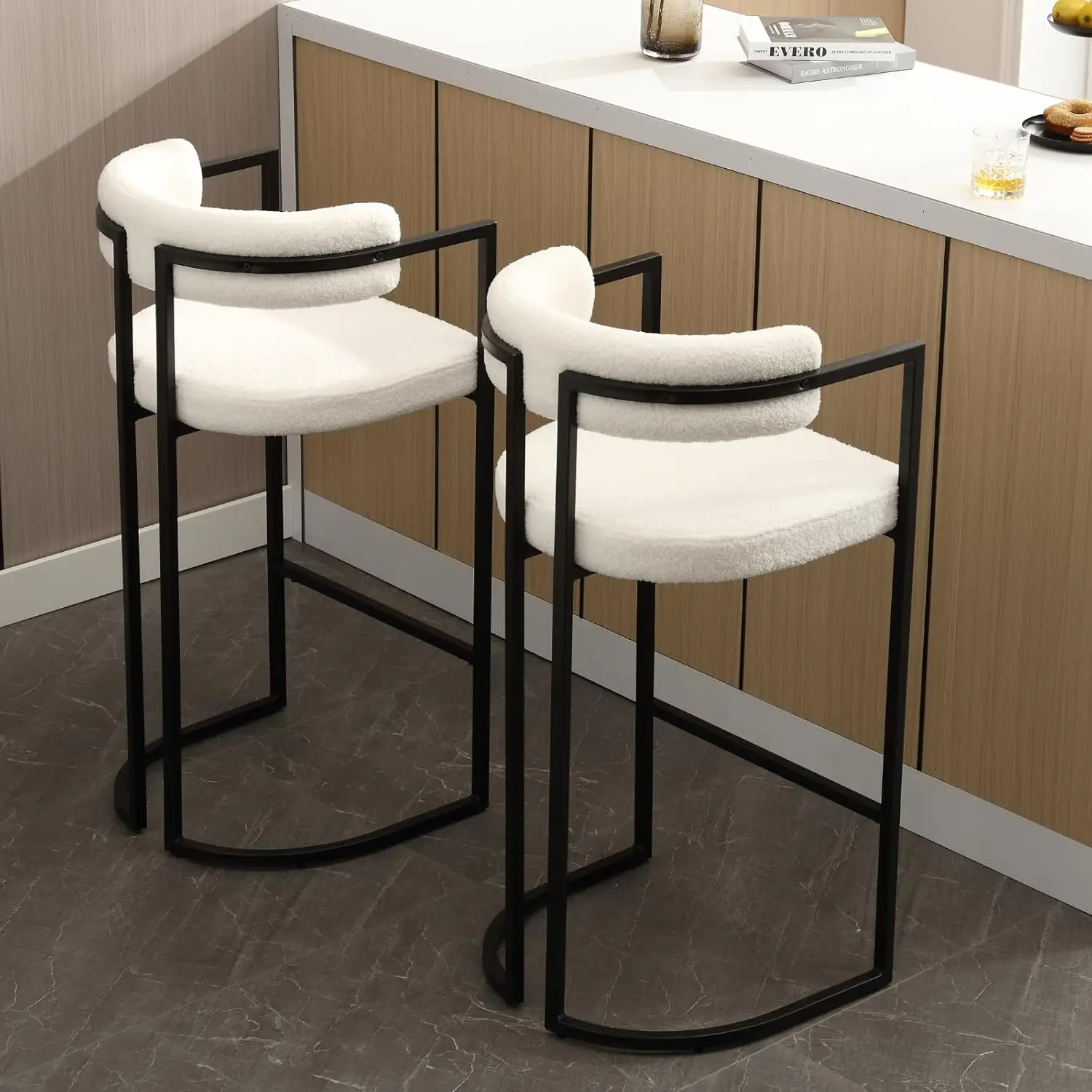 30Inch Sherpa Bar Stools Set of 2, Modern White Barrel Bar Stools with Comfy Back, Upholstered High Dining Chairs with Blac