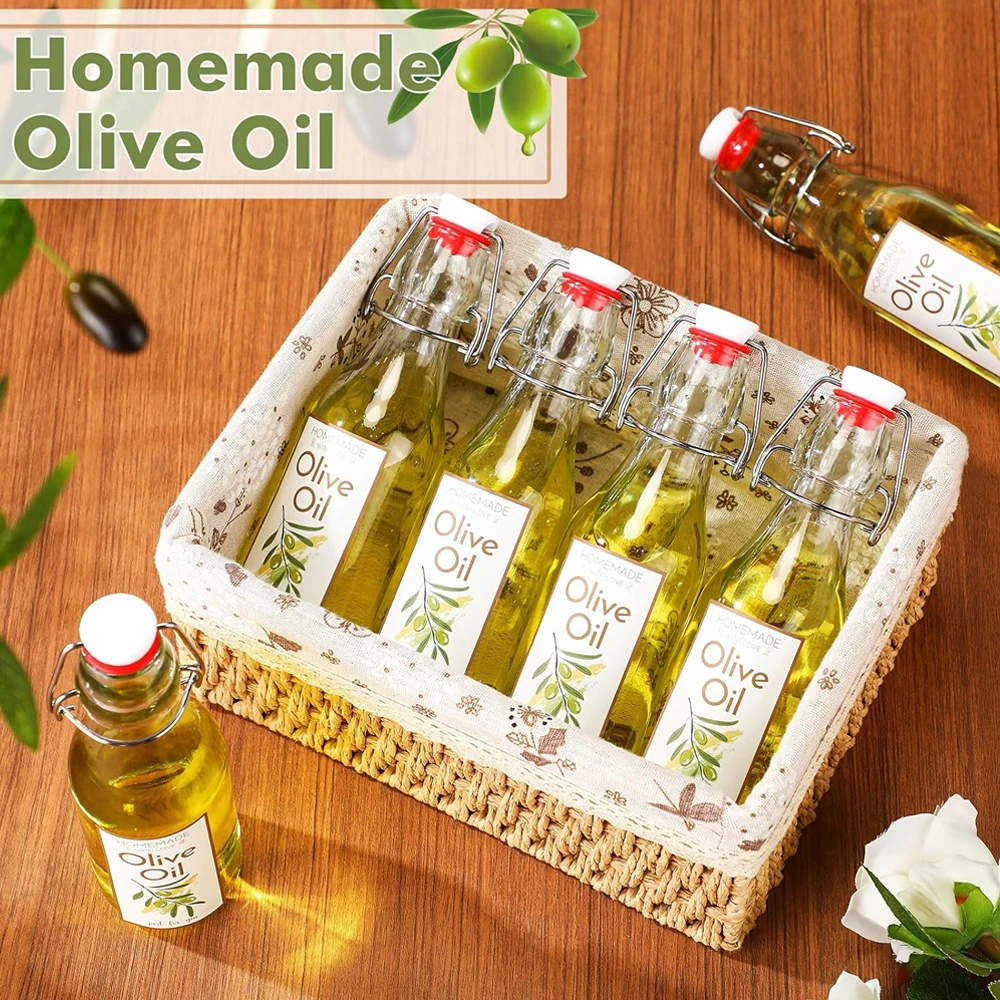 Swing Top Glass Bottles for Olive Oil Homemade 8 oz Clear Flip Top Bottles with Airtight Lids Labels for Storing Homemade Oil 5