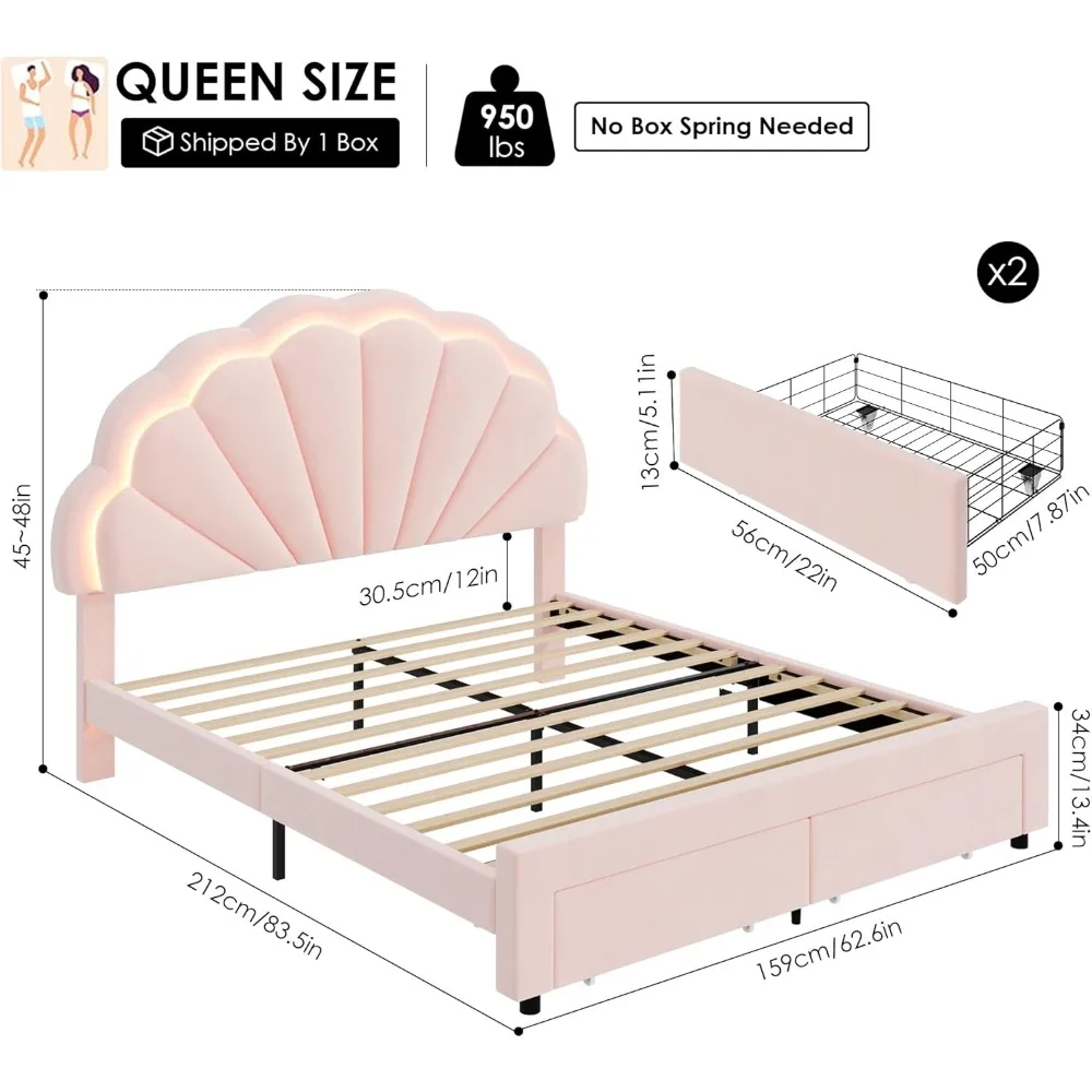 Queen Upholstered Smart LED Bed Frame with 2 Storage Drawers & Adjustable Headboard with Solid Wood Slat No Box Spring Needed
