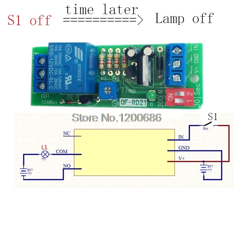 

Delay Turn off switch relay DC 12V Delay Time Control Relay 10S 30S 1MIN 5MIN 10min 30min delay off relay
