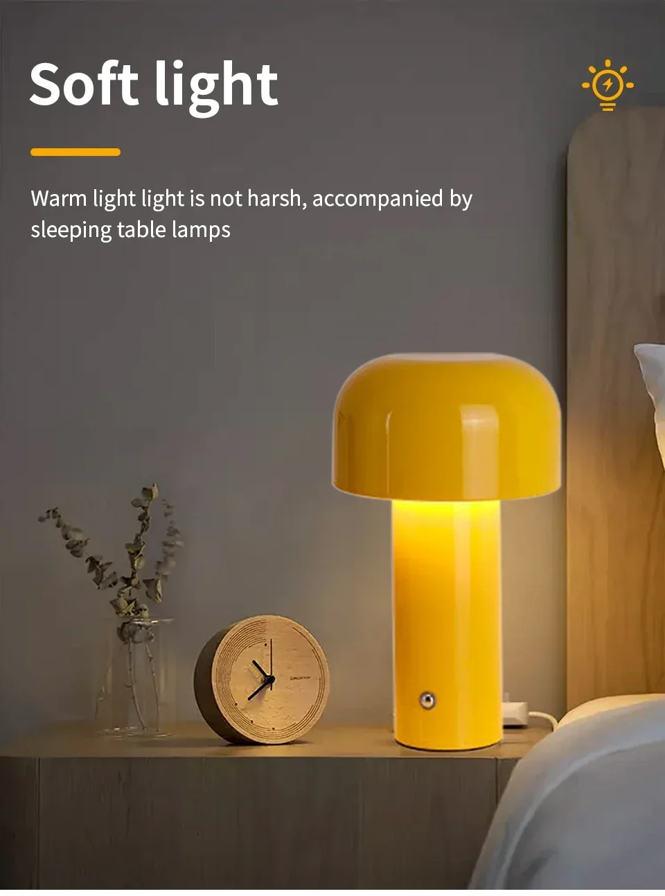 Description Picture 4 of itemClassic Mushroom Table Lamp Rechargable Night Light Touch Sensor 3 Colors Dimmable Creative Ambient Light Bar Room Decor Lamp