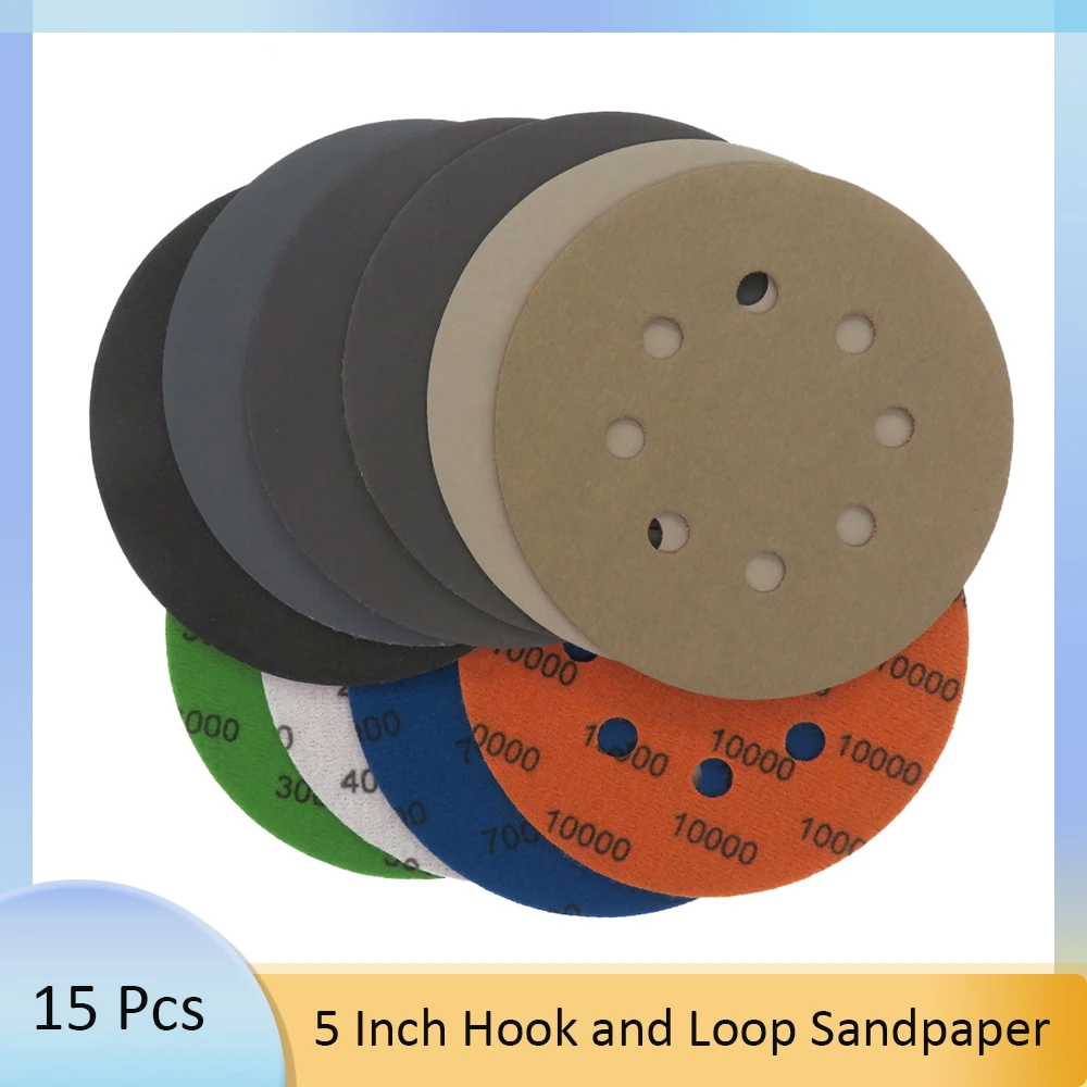 15pcs Hook and Loop Sandpaper 5 Inch Sanding Discs Wet Dry 60 2000 Grit for Rotary Sander
