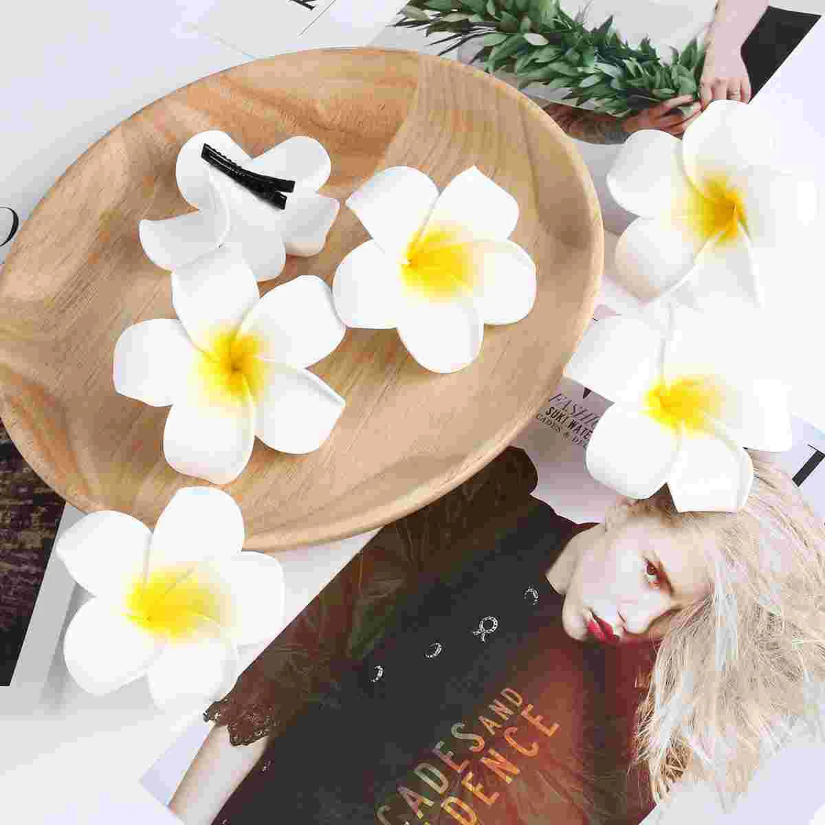 

7cm Hawaii Flower Hair Clip Hairpin Simulation Egg Flower Headdress For Beach Luau Party (White With Yellow)