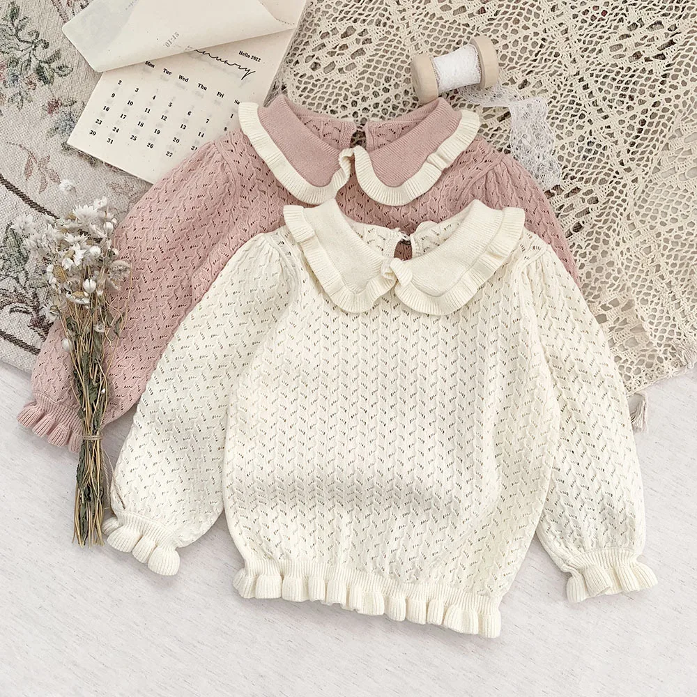 

New Spring Baby Girls Turn-down Collar Sweaters Cute Toddler Hollow Out Long Sleeve Thin Knitwear
