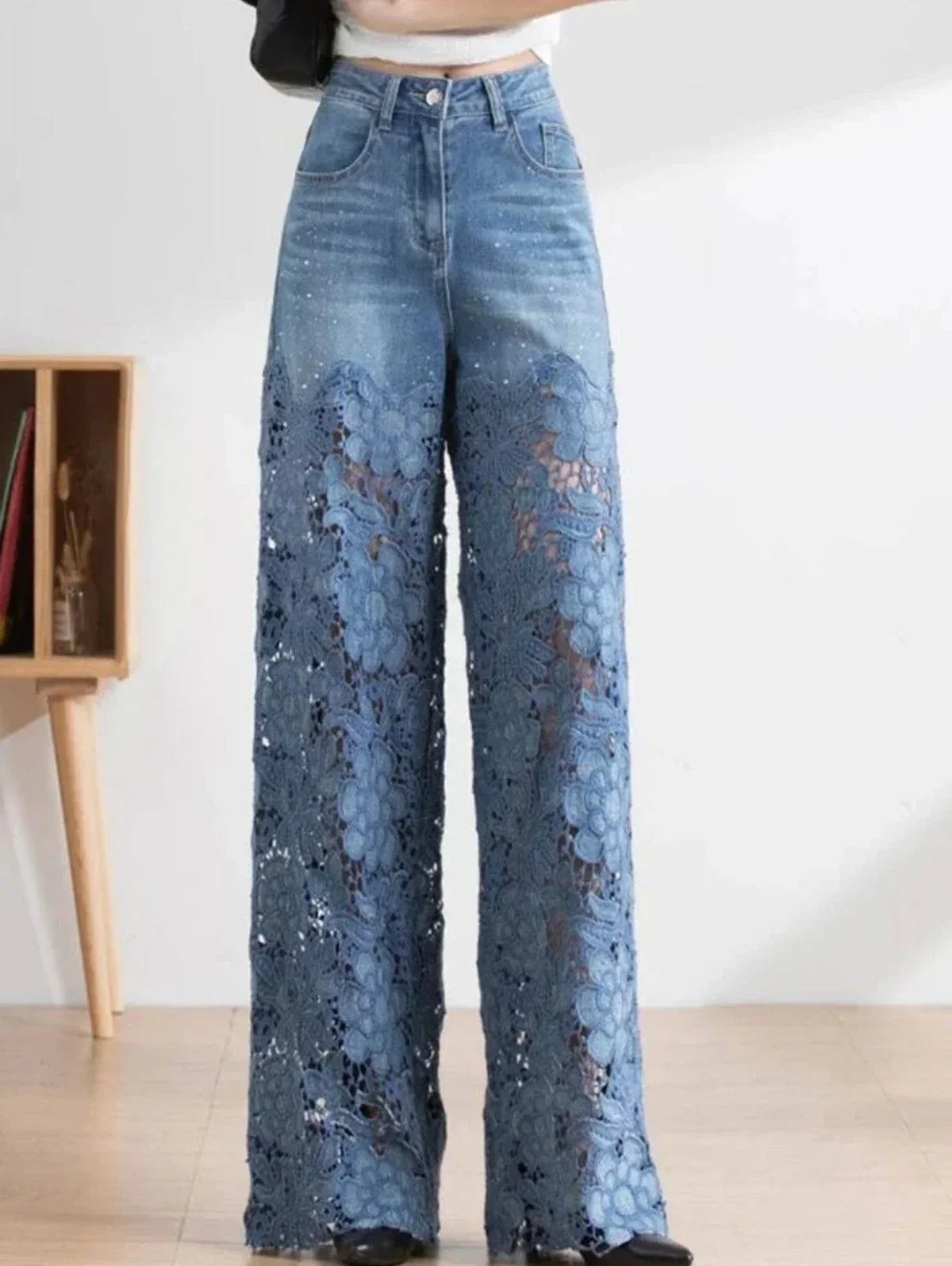 Women's Jeans 2024 New Spring Summer High-Waist Openwork Lace Stitching Denim Wide-Leg Pants Female Straight Trousers