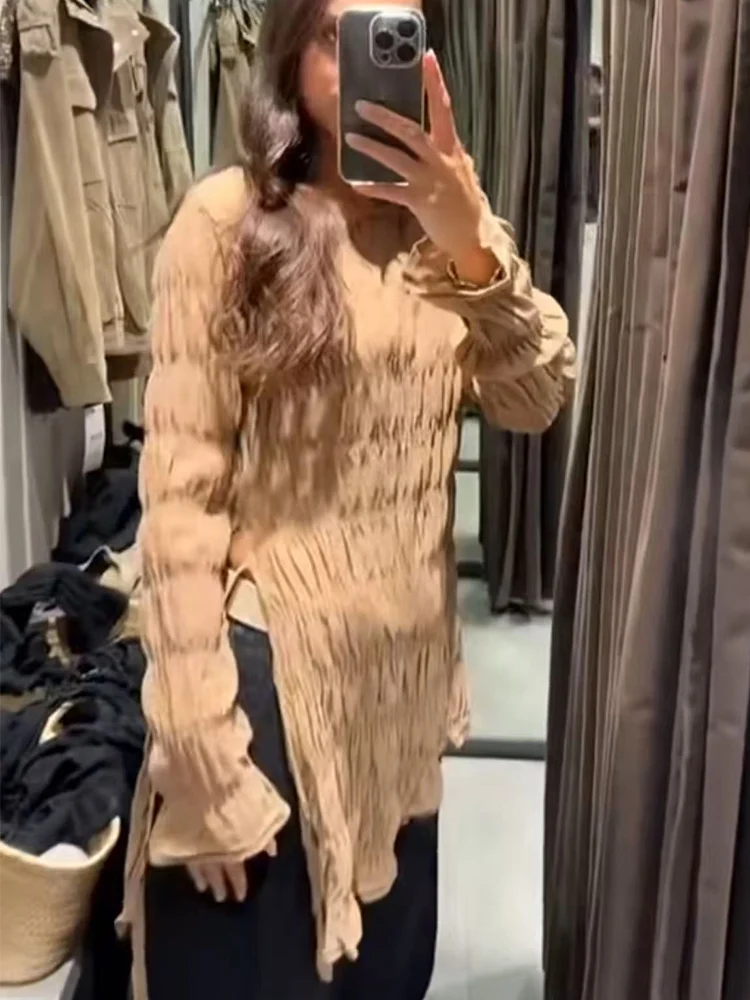 Women's Long Sleeve T Shirt Irregular Hem  Solid Folds Long Knitted Top Casual Fit Fashion Daily Street Female Clothes 2025