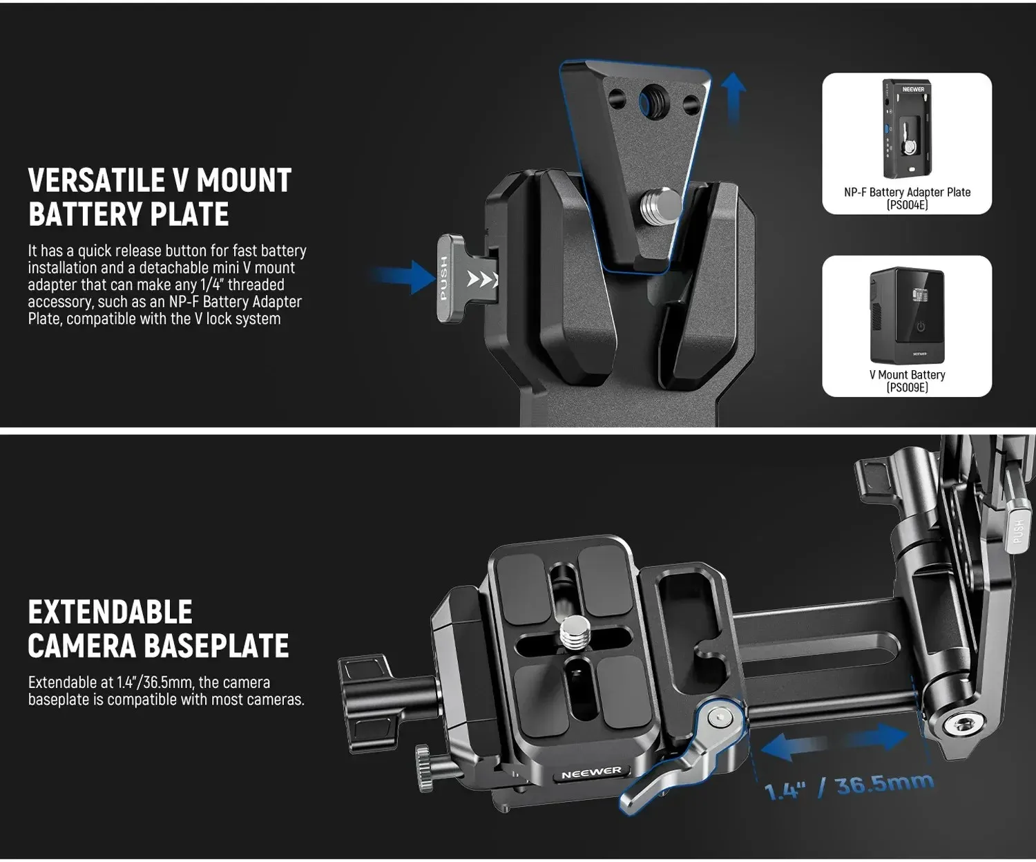 NEEWER PS015 Pro faltbare V-Mount-Batterieplatte mit Arca Quick Release-Grundplatte 10106370 – Detail 3