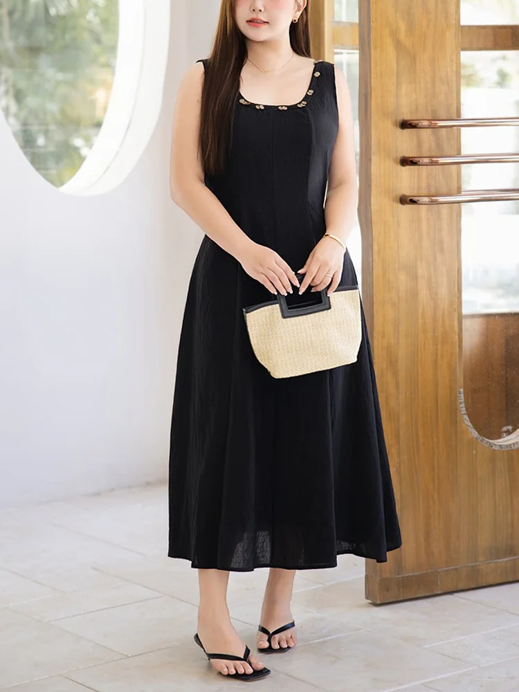 Casual Old Sequined Style U-neck Dress Plus Size Women Premium Wide Shoulder Strap three-dimentional Cut Vacation Linen Dress