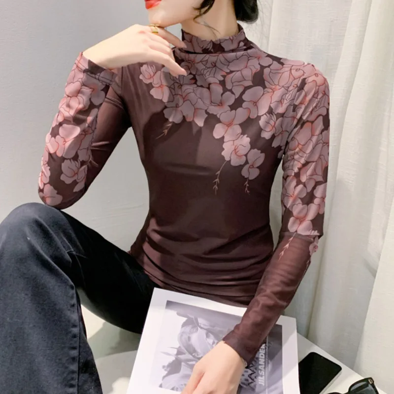 

#8886 Spring Autumn Floral Printed Mesh T Shirt Women Thin Elastic Vintage Skinny T Shirt Femme Long Sleeve Retro Turtleneck Tee