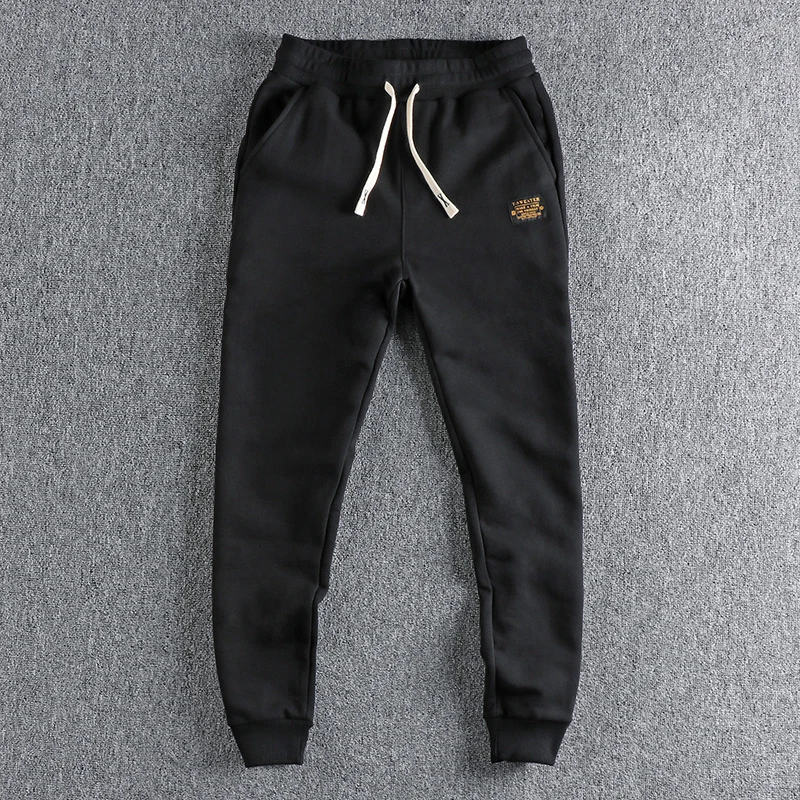 Autumn Winter American Retro Heavyweight Velvet Sweatpants Men's Fashion Pure Cotton Drawstring Sport Casual Ankle-tied Pants
