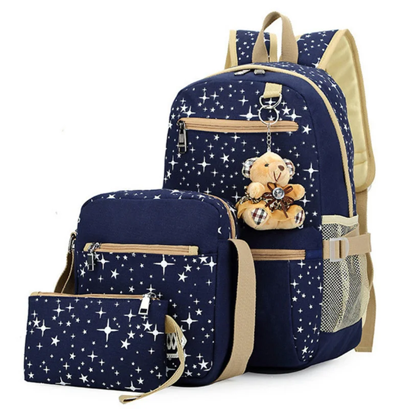 

XZAN 3pcs/set Women Backpack School Bags Star Printing Cute Backpacks With Bear For Teenagers Girls Travel Bag Rucksacks Mochila