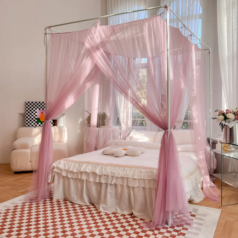 

Dustproof Top Palace Mosquito Net with Frame Bed Curtain Canopy Nets Romantic Pure Color Three-door for Home Decoration