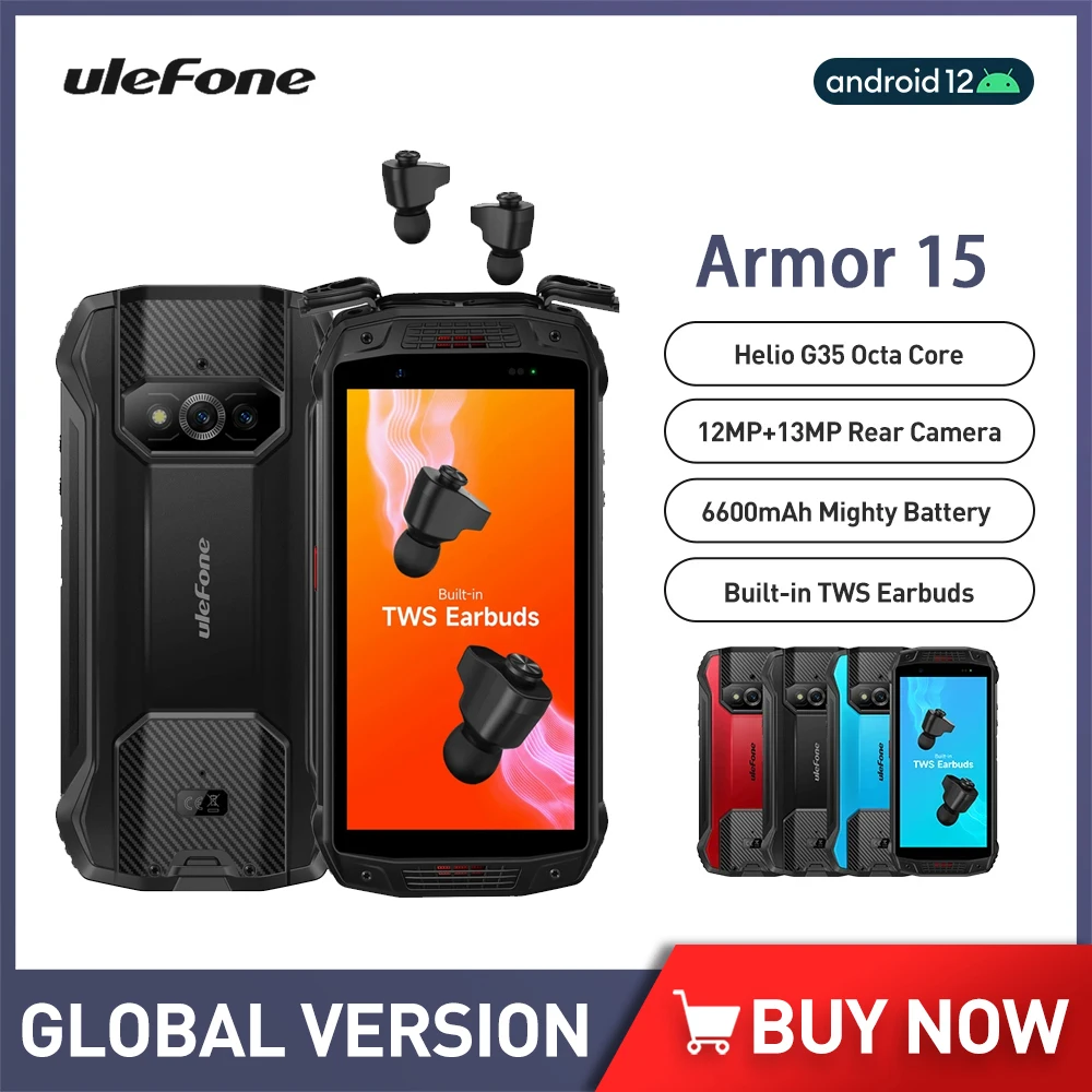 Ulefone Armor 15 Rugged Phone 6GB+128GB Smartphone Android 12 5.45 Helio G35 Built-in TWS Earbuds 6600mAh 4G Mobile Phone NFC