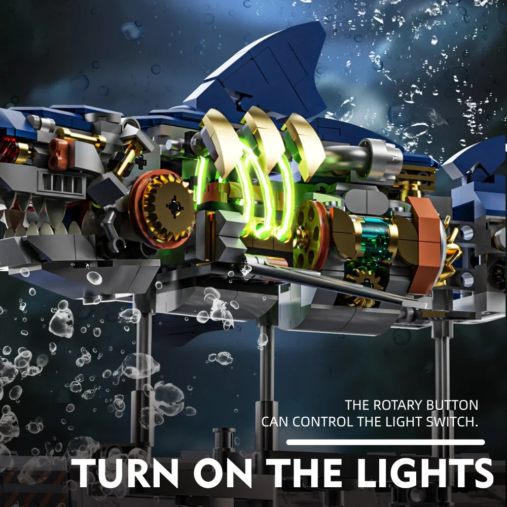 Mechanical Shark Building Set Shark Sea Life Building Blocks Set Display Stand Lights Block Gift Kids Adults building block toy,assemble toy