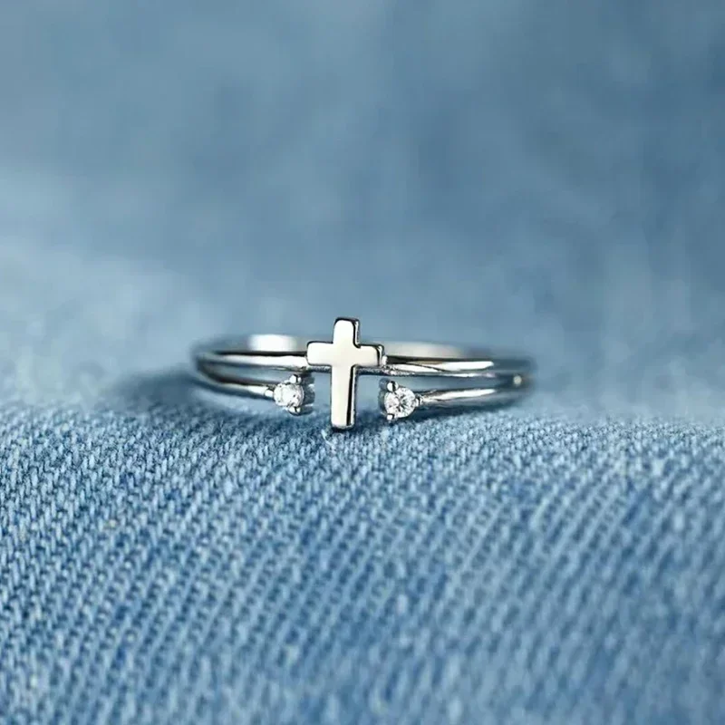 Silver Color Cross Ring Female Fashion Finger Jewelry Bright Cubic Zirconia Accessories for Daily Wear silver ring wedding rings finger rings womens ring jewelry rings ring jewelry signet ring cross rings round rings cross jewelry