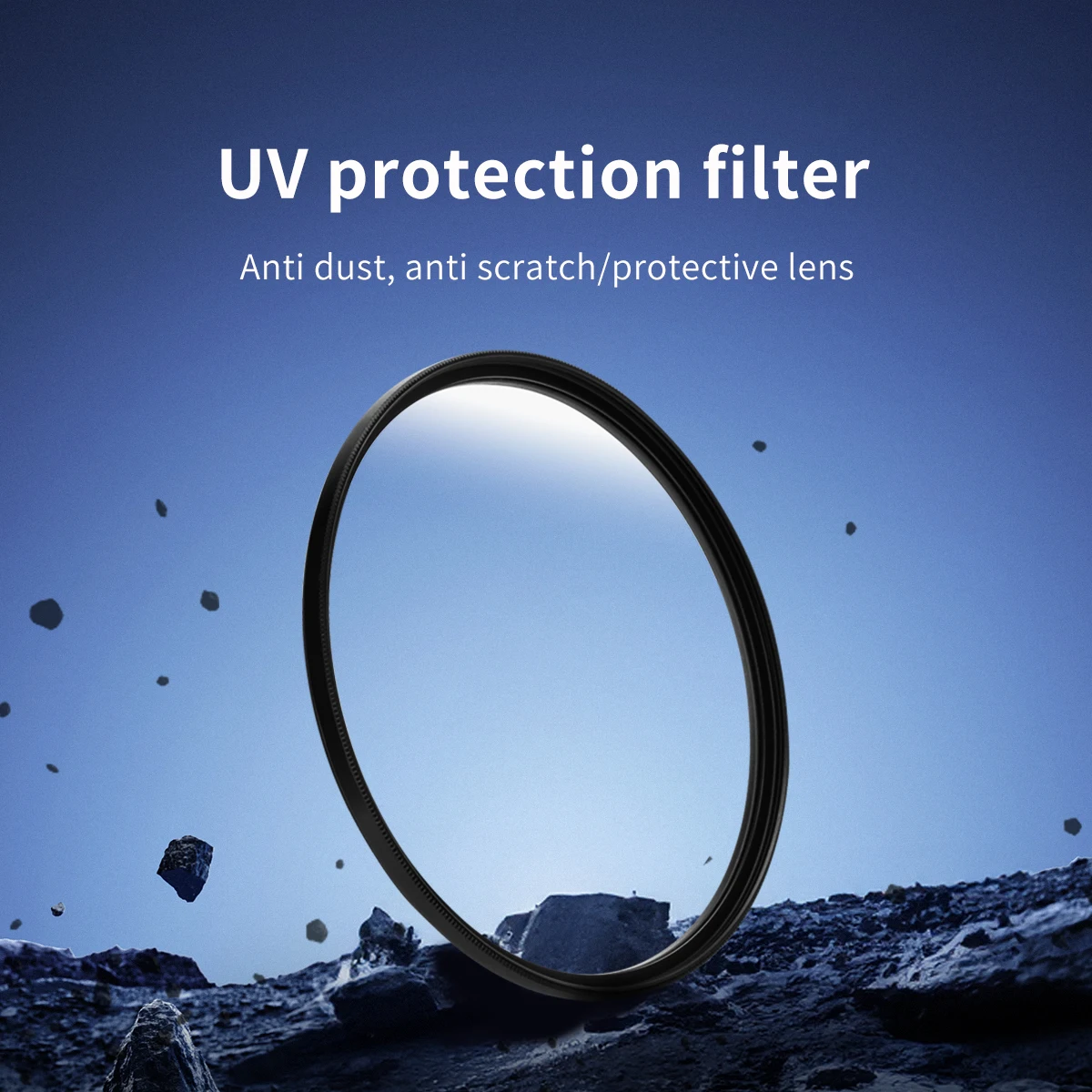 Filtre UV pour objectif appareil photo, vue éclatée avec l'objectif, le filtre et le capuchon, sur fond sombre