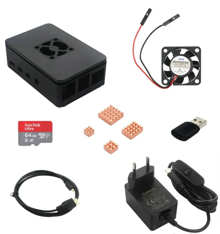 kit with aluminum case + hdmi cable + power supply + cooler + memory card + heatsink