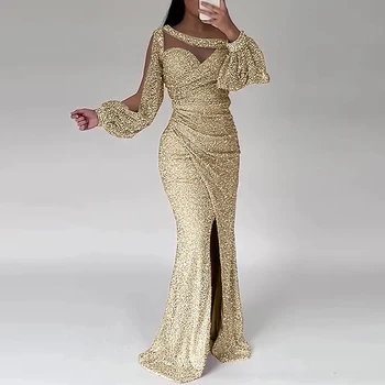 Women Luxury Sequins Party Dress Asymmetrical Neck Bell Sleeve Bodycon Evening Long Dress Fashion Split Hem Elegant Maxi Dresses 1