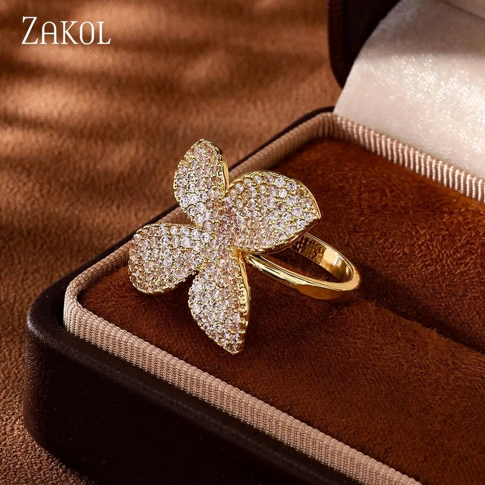 ZAKOL Creative Personalized Petal Design For Women's Zircon Ring Copper Micro-set Fashion Temperament Jewelry Accessories Female 5
