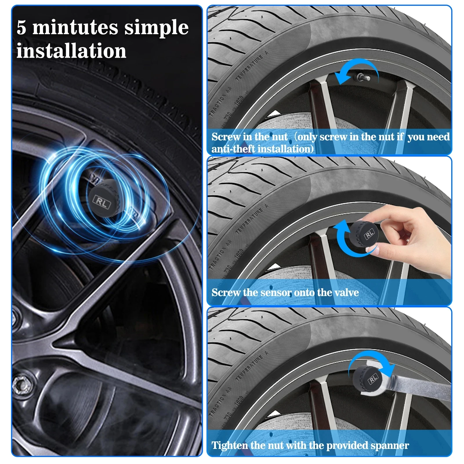 Solar-Powered Wireless Tire Pressure Monitoring System with 4 Sensors and Security Alarm
