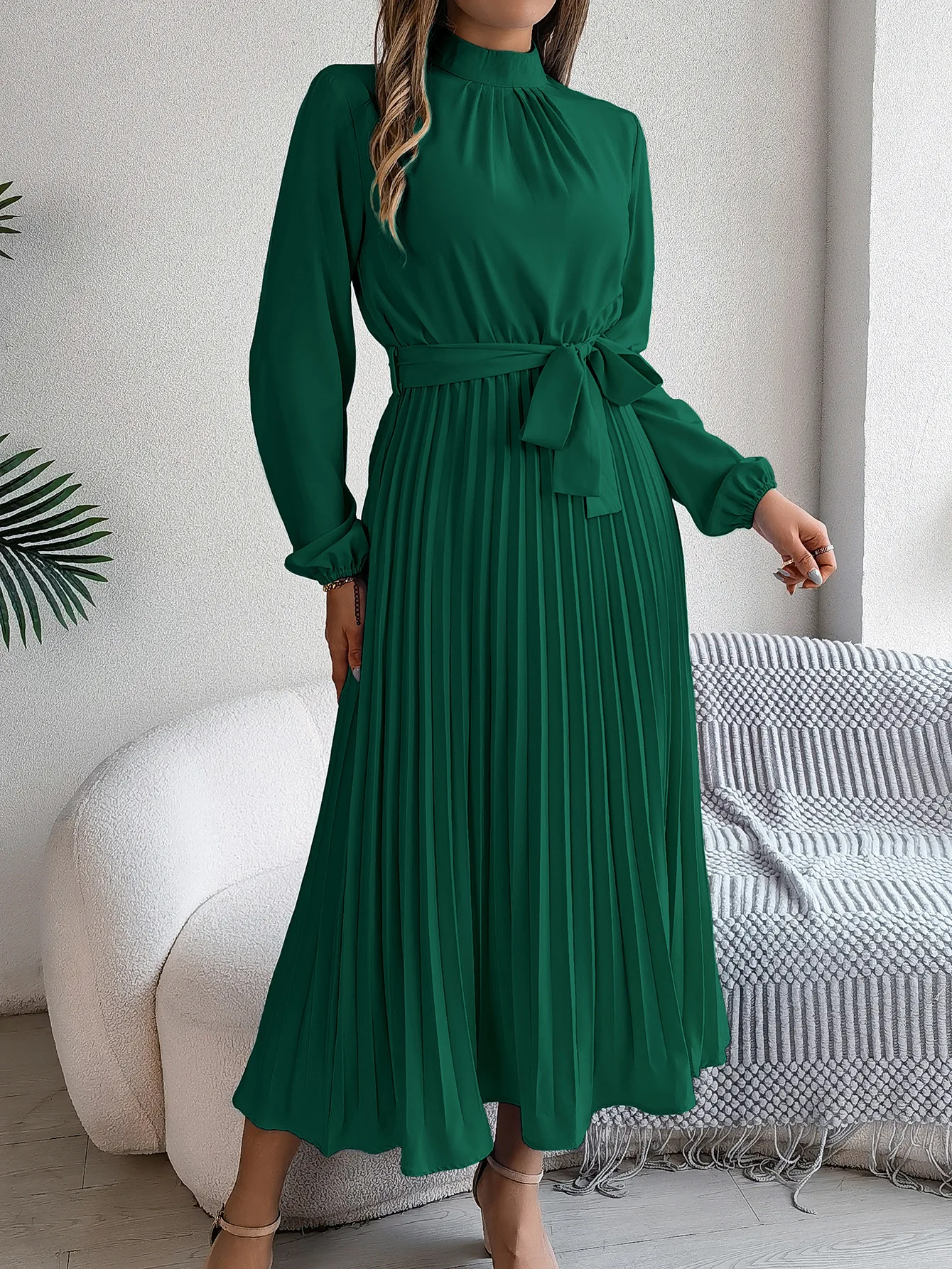 Solid Stand up Collar Bridesmaid Dress Spring Summer Casual Elegant Long Sleeve Waist Cinched Pleated Long Dresses for Women