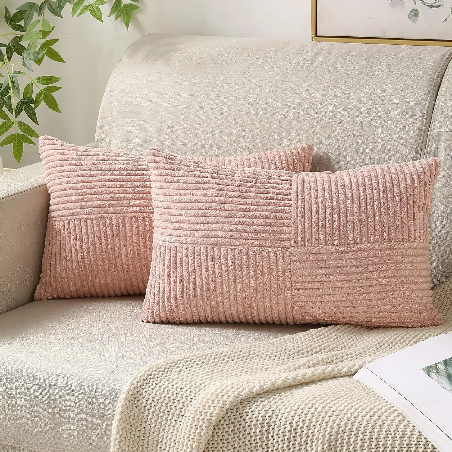 2PCS 30*50CM Corduroy Splicing Striped Cushion Cover Soft Textured Touch Corduroy Throw Pillows Case for Sofa Bed Chair Car